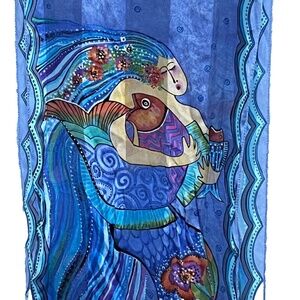 Laurel Burch Silk SCARF Rectangle Mermaid Sea Dreams Ocean Fish Flowers Blue